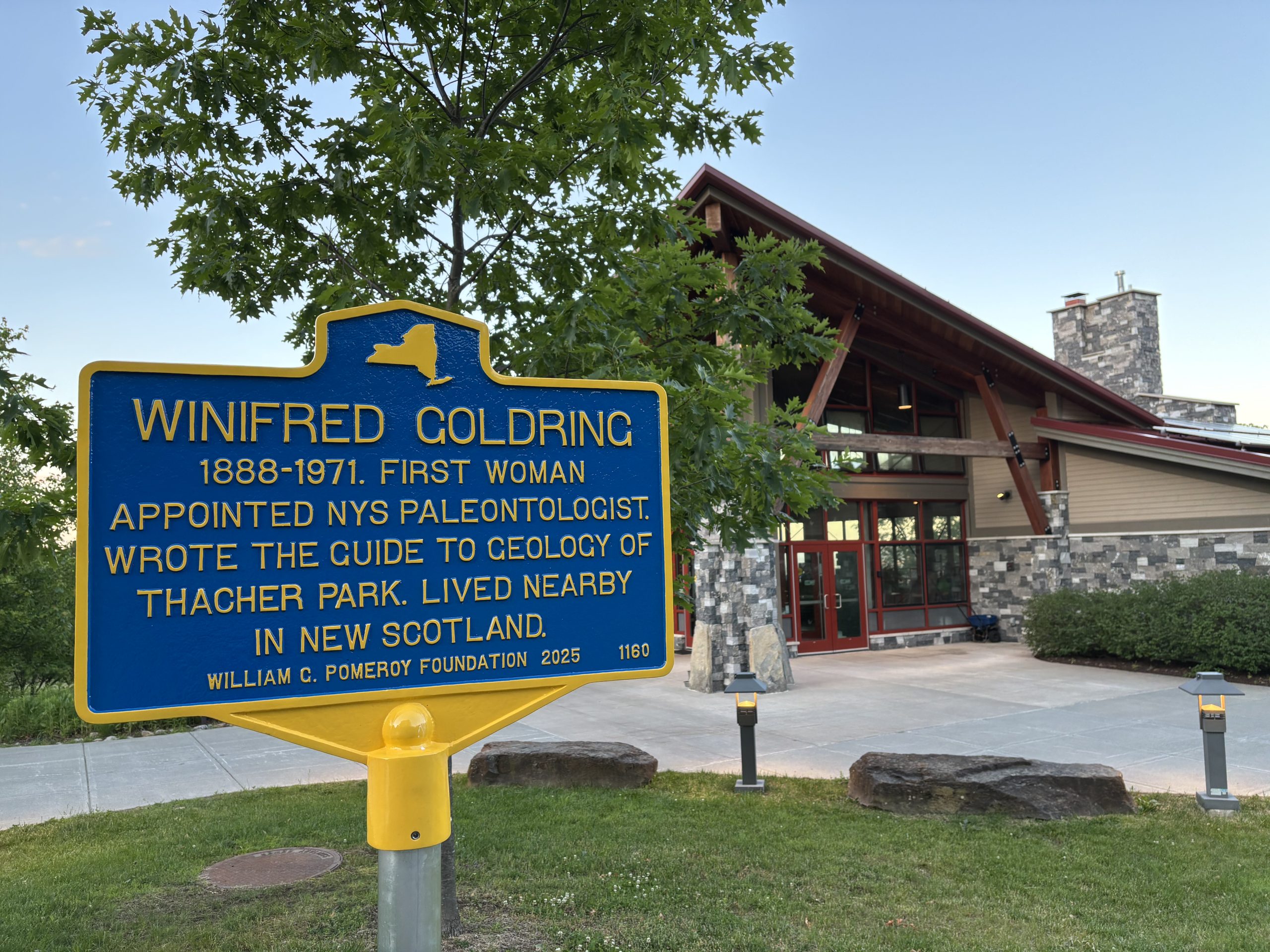 Historical marker for Winifred Goldring, the first woman appointed as NYS Paleontologist.